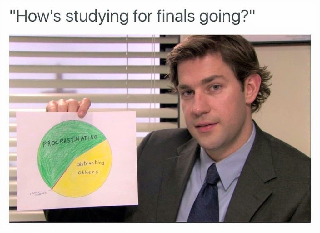 This Office meme says, "How's studying for finals going?" and has a picture of a character holding up a sign with 60 percent procrastinating and 40 percent distracting others 