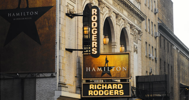 Hamilton broadway show and Richard Rodgers signs showcasedd on theater