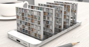 Device showcases bookshelves with books coming out from the device