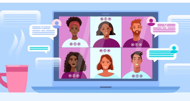Students attend video call with discussion chats and emojis on computer