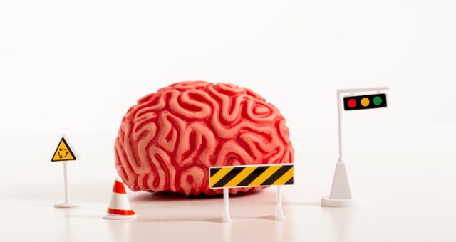 Brain with traffic signs and warnings signs surrounding it