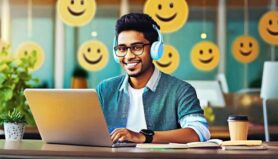 Firefly A college student working on computer with smiley faces all around