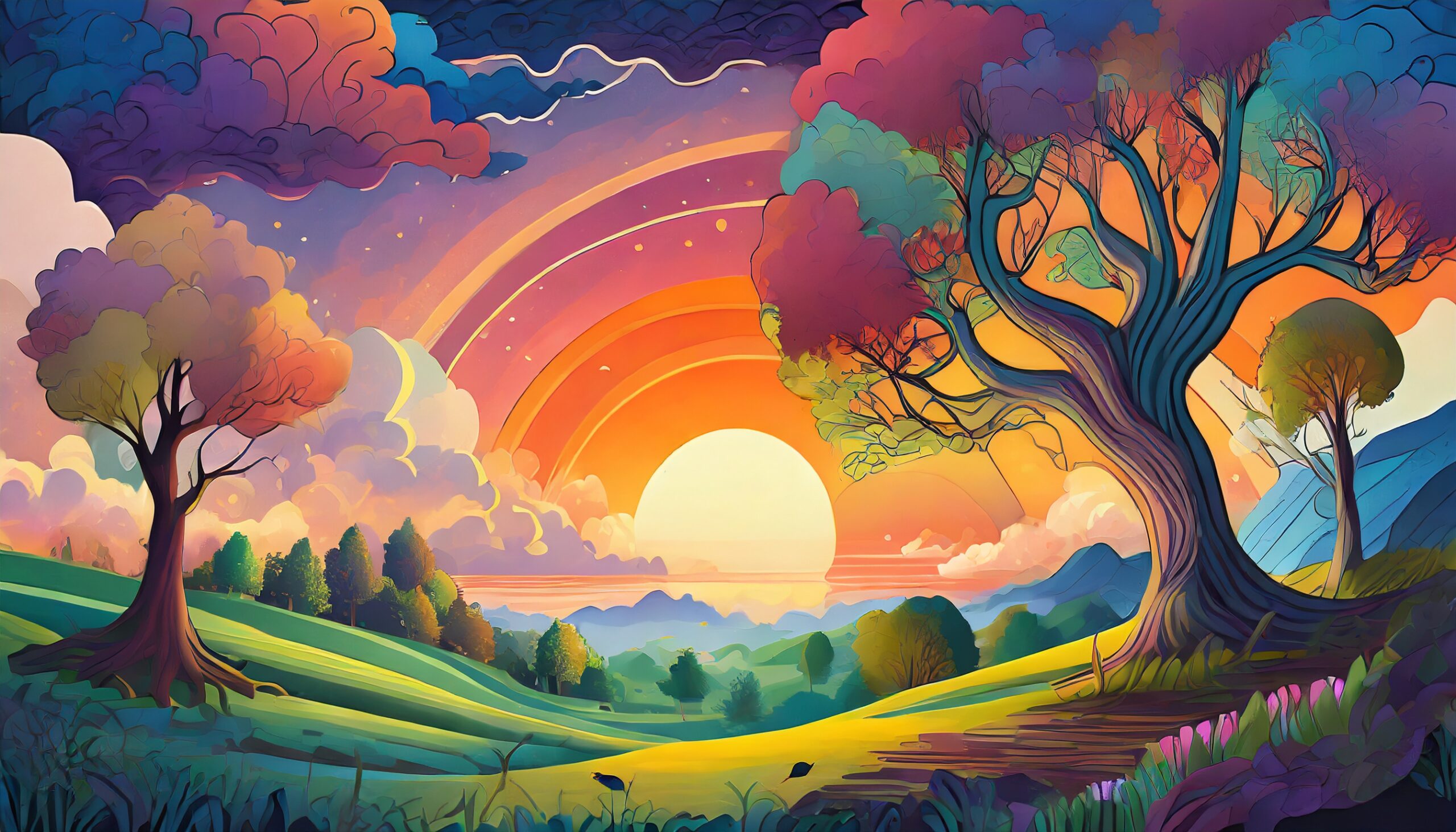 Colorful dreamscape with trees and sunset