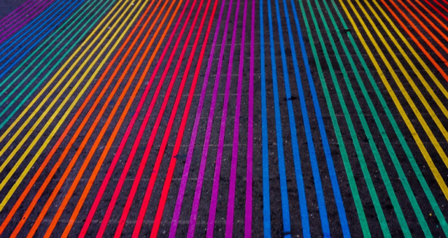 Rainbow lines painted on a road