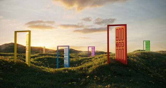 Different colored doors opened in a field