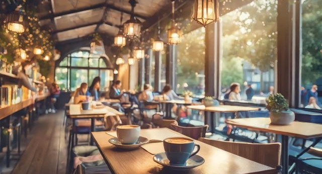 Firefly: Warm and welcoming coffeehouse with students and backpacks