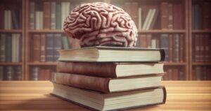 Brain sitting on top of a stack of books