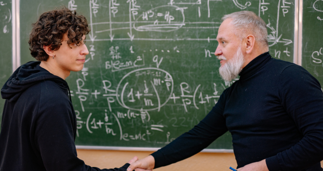 A student and an older, bearded professor shaking hands in front of a chalkboard.