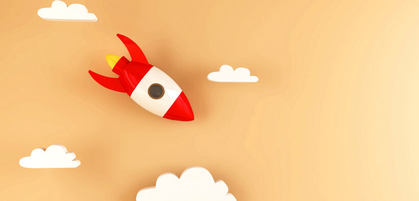 Illustration of a rocket on a yellow background with clouds