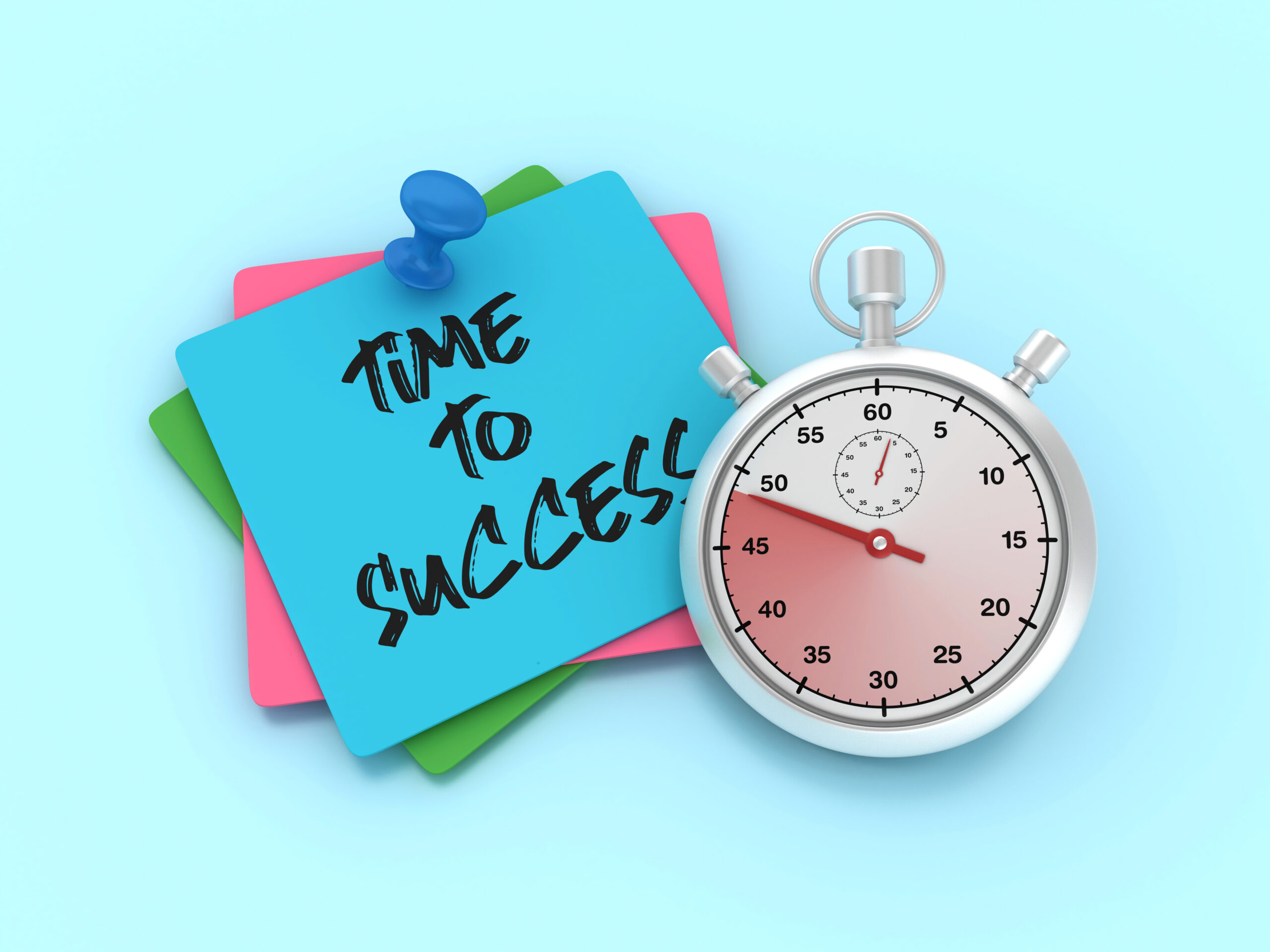 3D Stopwatch with Time to Success Sticky Notes - Colored Background - 3D Rendering