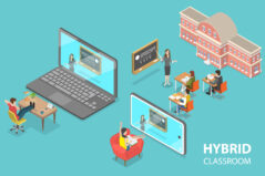 3D Isometric Flat Vector Conceptual Illustration of Hybrid Classroom, Synchronous Virtual Learning