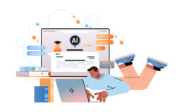 man student typing on laptop with virtual ai assistant writing assistance education concept horizontal vector illustration