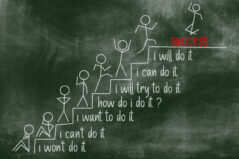 Chalkboard drawing showing the progression of steps to success, with stick figures climbing stairs labeled with motivational phrases.