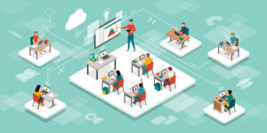 Students in the virtual classroom and teacher using a smart interactive whiteboard, e-learning and online education concept