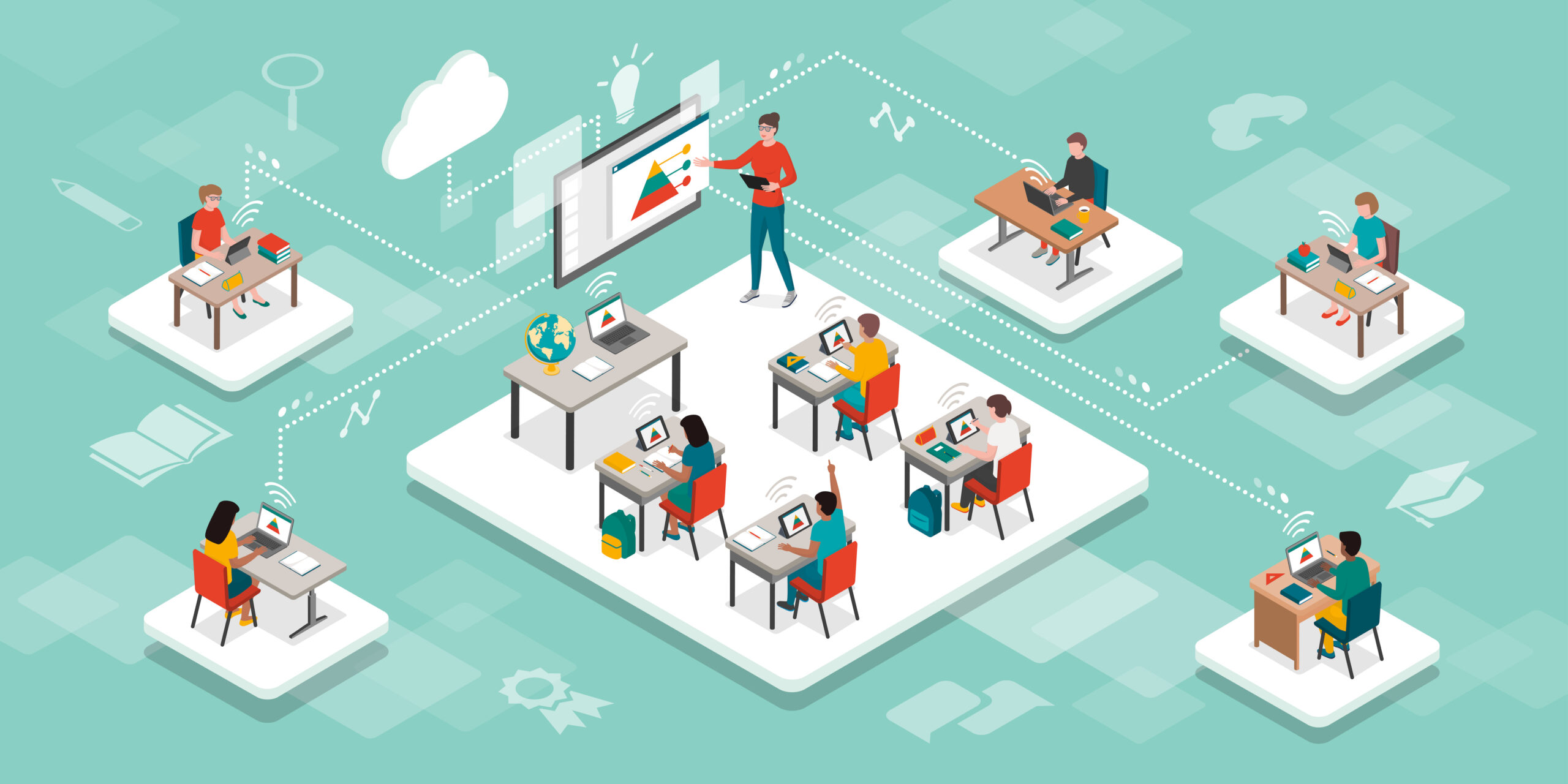 Students in the virtual classroom and teacher using a smart interactive whiteboard, e-learning and online education concept