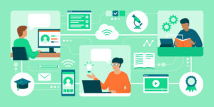 Distance learning, e-learning platforms and people attending online courses