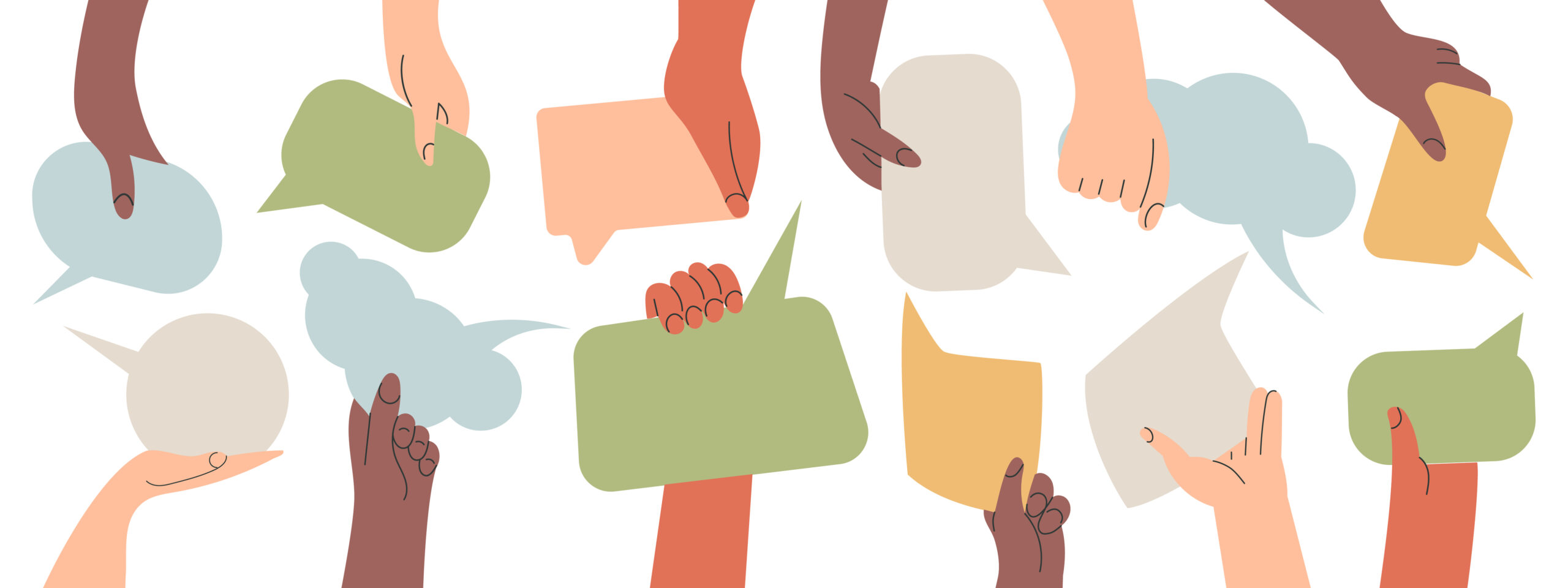 People's hands exchange ideas and holding speech bubble with vote and comment. Team cooperation communicate collaborate. Diversity multicultural group with talk message cartoon illustration