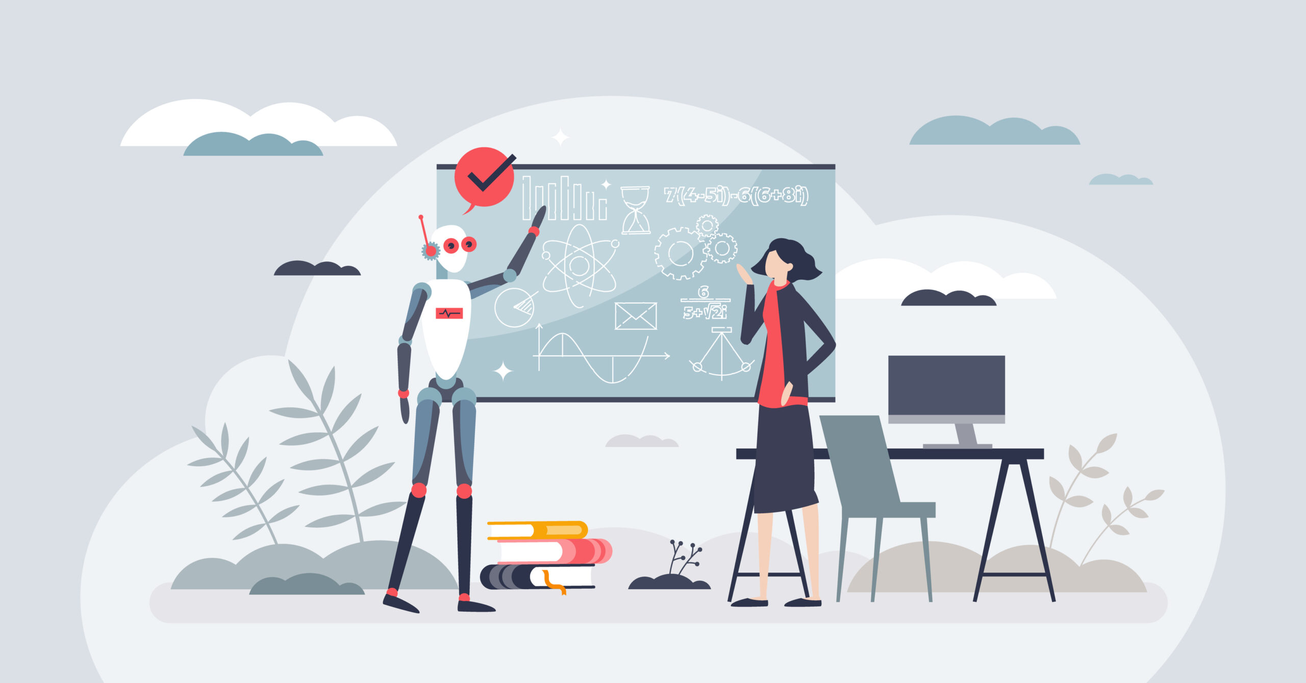 AI collaboration and artificial intelligence for teaching tiny person concept. Innovative school solutions with high tech technology vector illustration. Learning process with robots assistance.