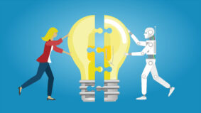 Woman in cooperation with AI robot. Putting light bulb puzzle together in teamwork for faculty work.