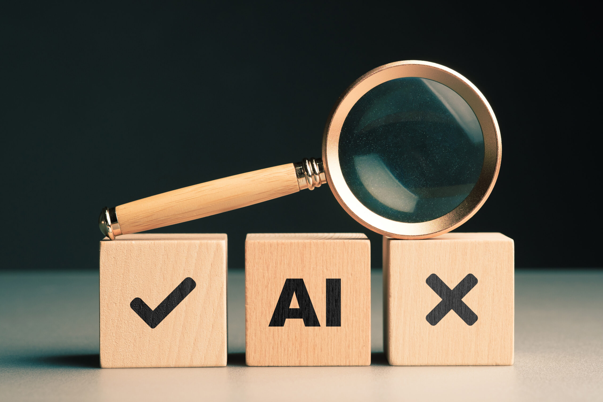 AI transparency concept with a magnifying glass and right, wrong, symbols in the wooden cubes, accuracy information from AI, advantages and disadvantages, right way to use AI