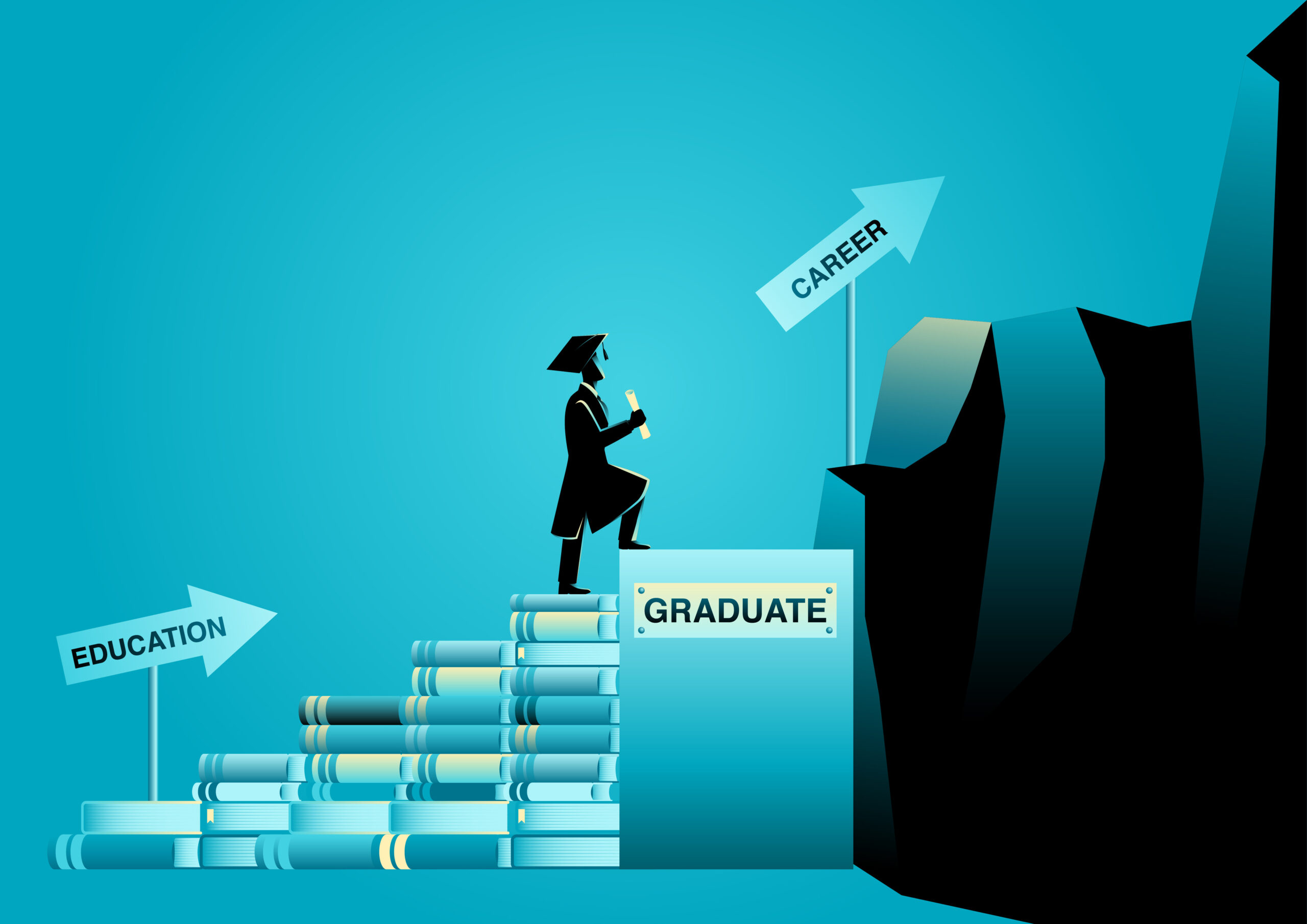 Vector illustration of a student wearing cap and gown, climbing stairs made from books, showing path of education to graduation to career