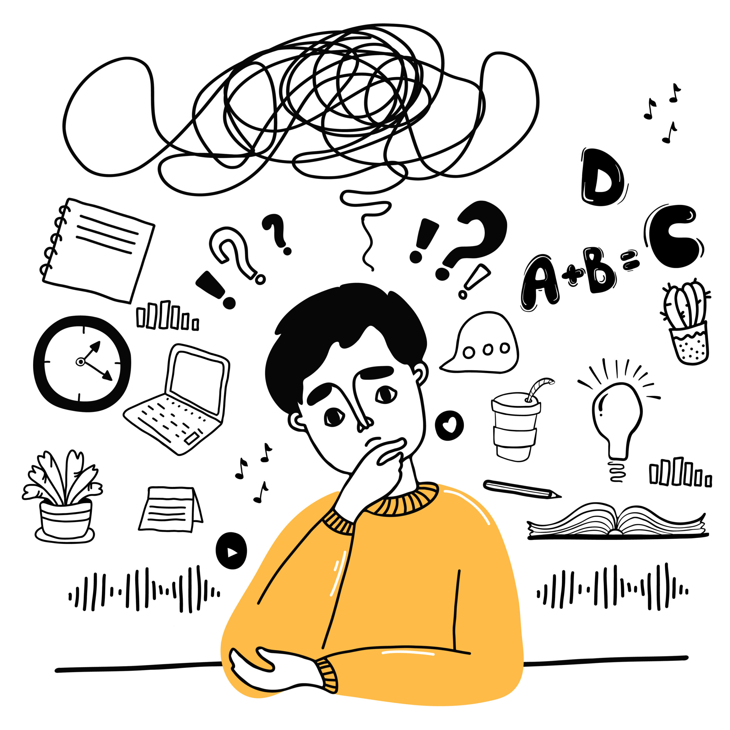 Student overwhelmed with everything going on. Cognitive load. large set of line drawings about thoughts and tasks. Pensive man, thoughts and formulas, books, study, laptop. Vector illustration in hand drawn doodle style, outline. Podcast, hobby, study concept