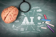 AI Ethics Principles. Illustration with icons, keywords and arrows.
