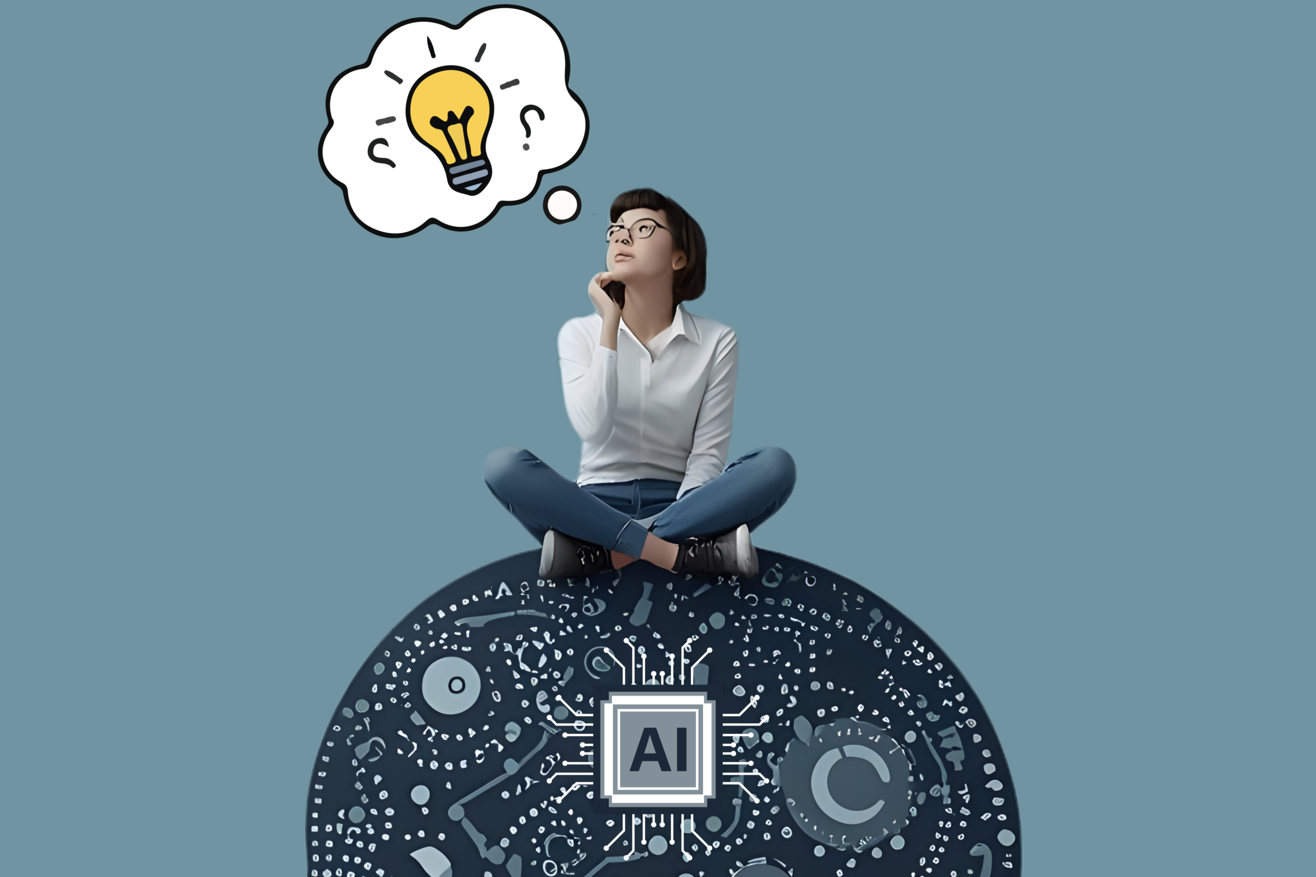female student with glasses sitting on top of AI with a thought bubble showing a lightbulb. representation of AI and critical thinking.