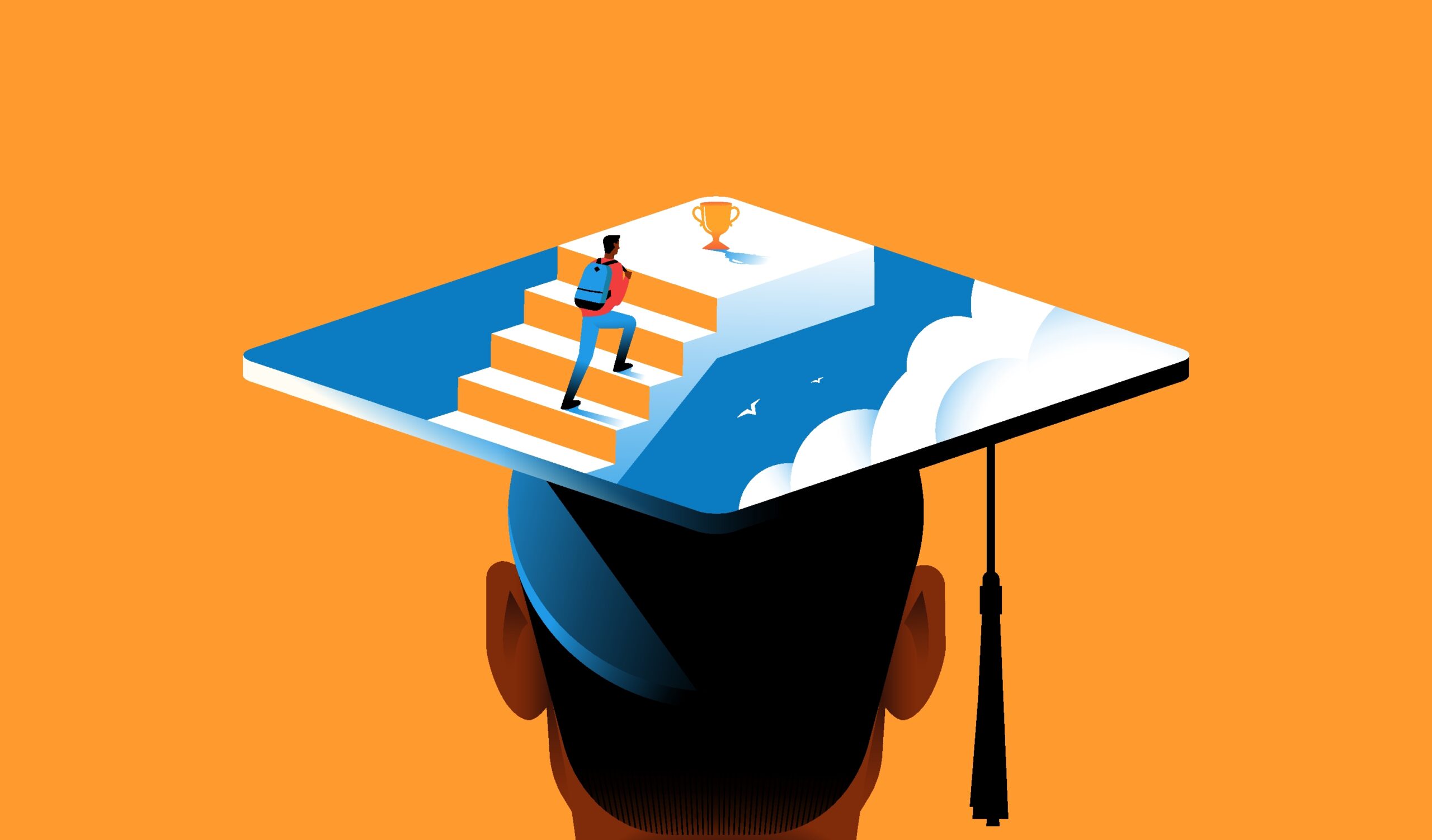 Student wearing a graduation cap with a symbolic image of a man going to the cup. Education, goal, success concept. Vector illustration.