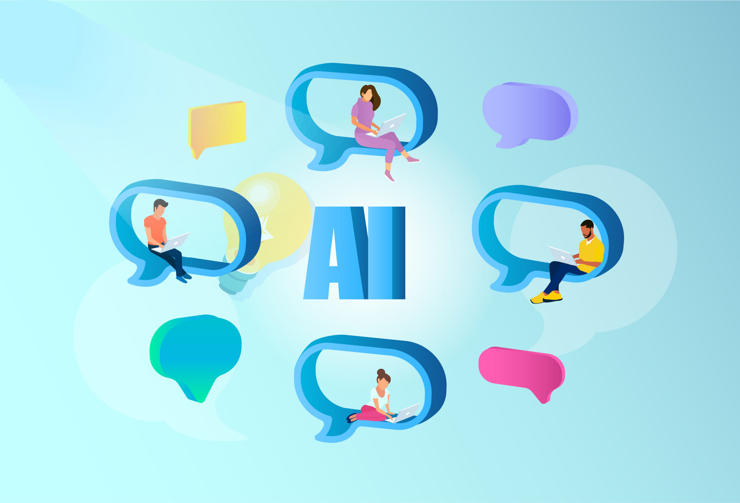 Vector of young people chatting with AI chat bot and getting answers to questions