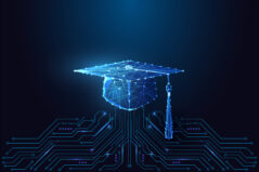 Education and technology learning concept with glowing polygonal graduation cap connected to circuit board on dark blue background. Futuristic low poly style, abstract vector illustration.