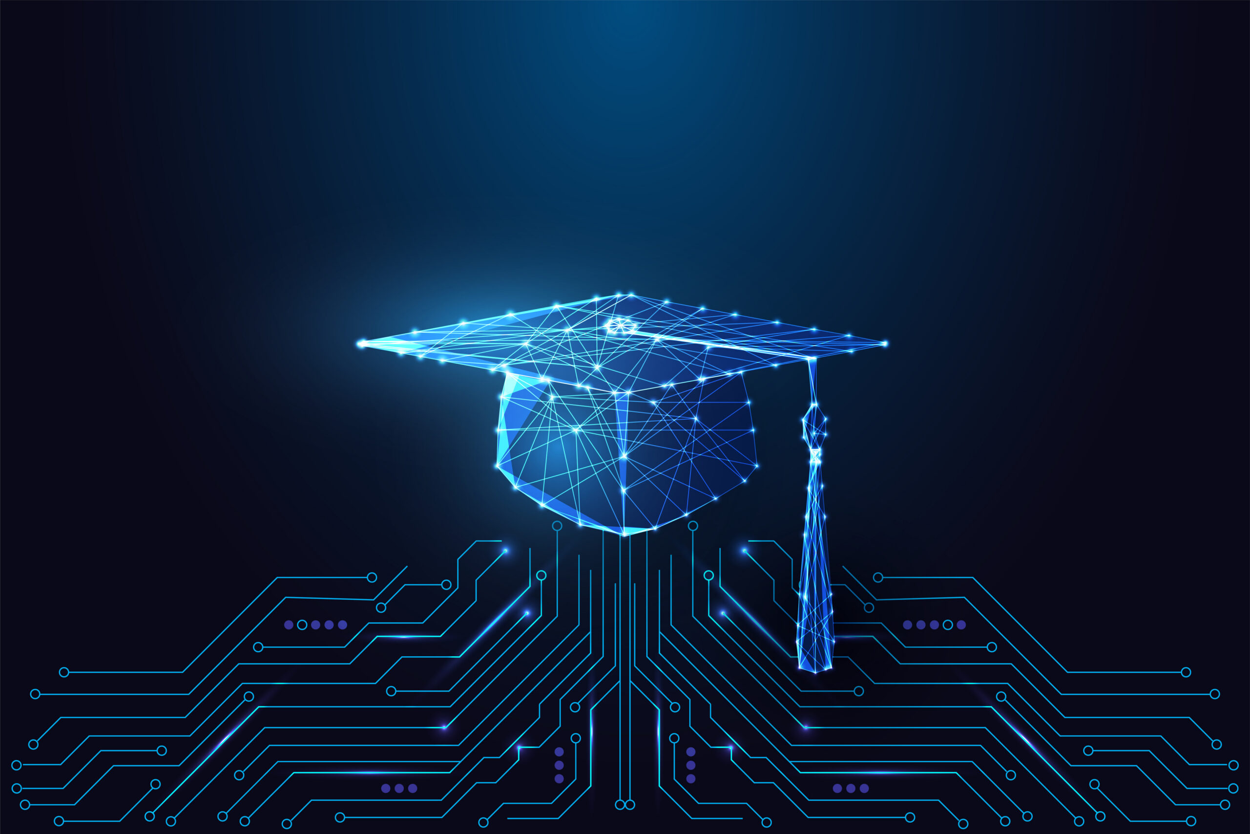 Education and technology learning concept with glowing polygonal graduation cap connected to circuit board on dark blue background. Futuristic low poly style, abstract vector illustration.