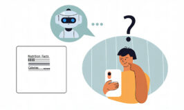Vector image of person questioning AI chatbot with additional photo of nutrition label. Concept of questioning AI outputs and promoting critical thinking.