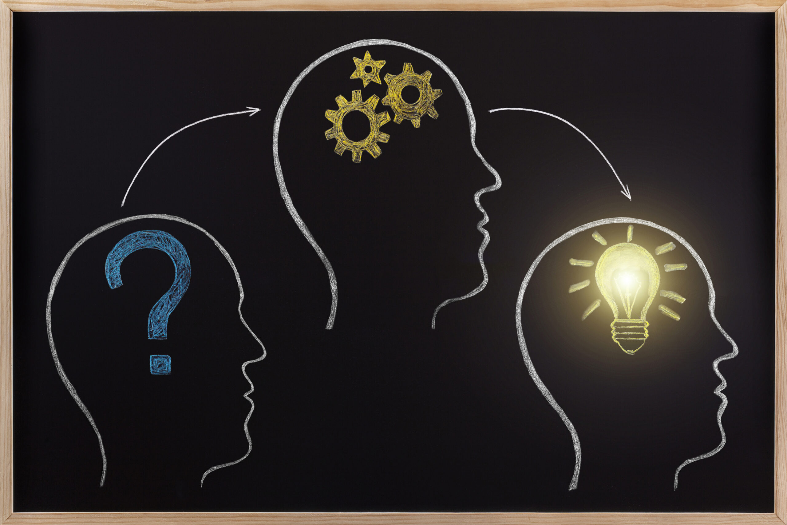 Critical thinking concept. Black chalkboard human head process occurs brainstorm.